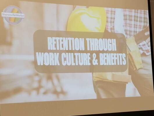 Retention through work culture and benefits slide
